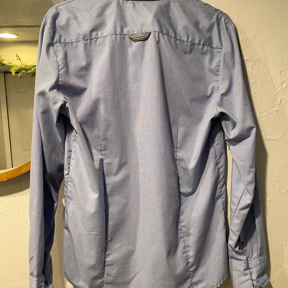 Doublju Unisex Blue Cotton Button Down Shirt with Checker Print - Picture 6 of 6